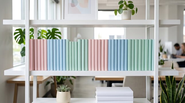 Enhance your virtual meetings with this modern office bookshelf, a professional background for zoom calls and video conferences, offering a clean and organized aesthetic