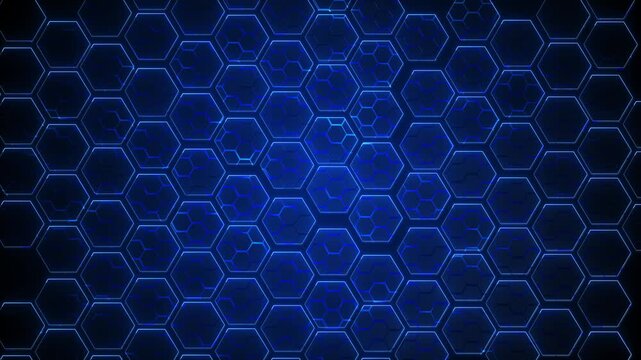 Blue hexagon technology pattern glowing honeycomb grid, dark depth, and futuristic light edges. for AI videos, cyber intros, science visuals, software promos, gaming screens, and tech overlays.