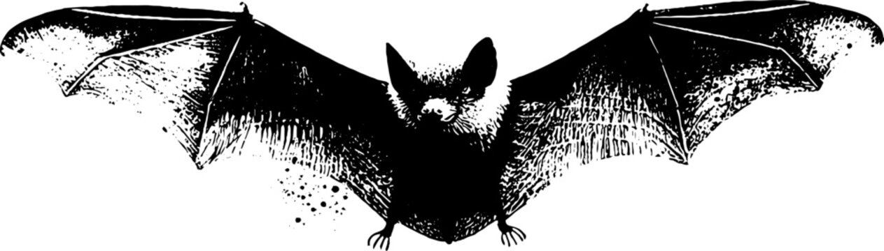 High contrast black and white ink bat drawing with outstretched wings for minimalist poster and background design