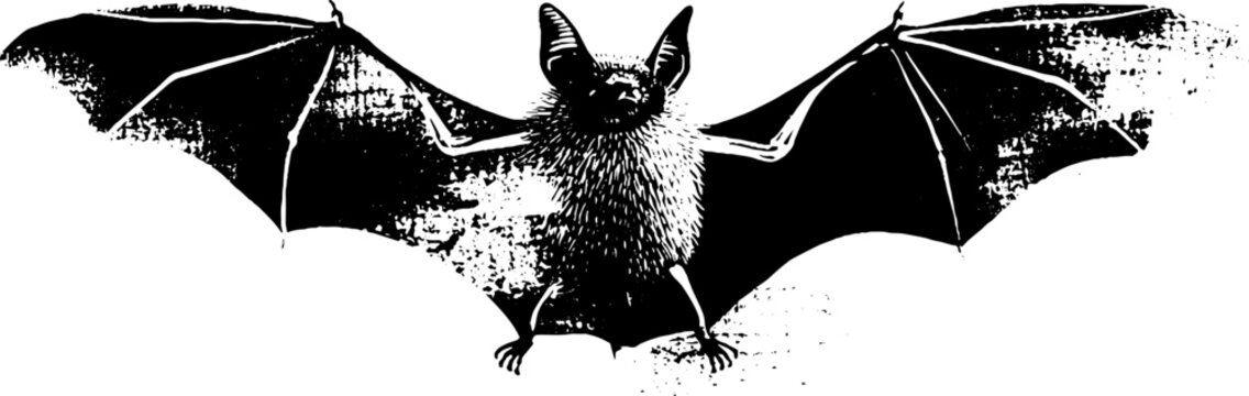 High contrast black and white ink bat facing viewer with open wings for halloween poster and background design