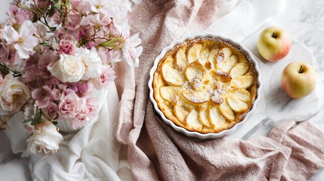 Apple clafoutis styled for modern social media, bright airy tones, soft pastel props, slightly overexposed highlights, casual yet curated composition, trendy aesthetic