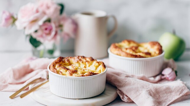 Apple clafoutis styled for modern social media, bright airy tones, soft pastel props, slightly overexposed highlights, casual yet curated composition, trendy aesthetic