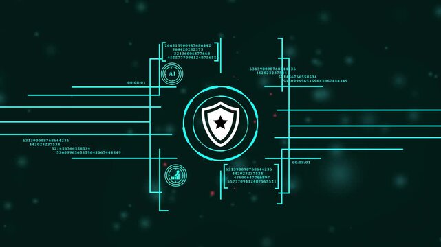 ai powered firewall monitor with star shield icon. technological safety shield with digital overlay. information security locking system animation. green matrix background with internet safety symbol.
