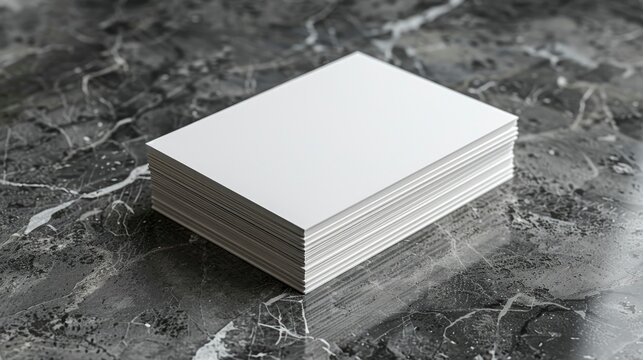 Blank white business cards stacked on a dark marble surface with sharp focus and clean lighting for professional branding identity