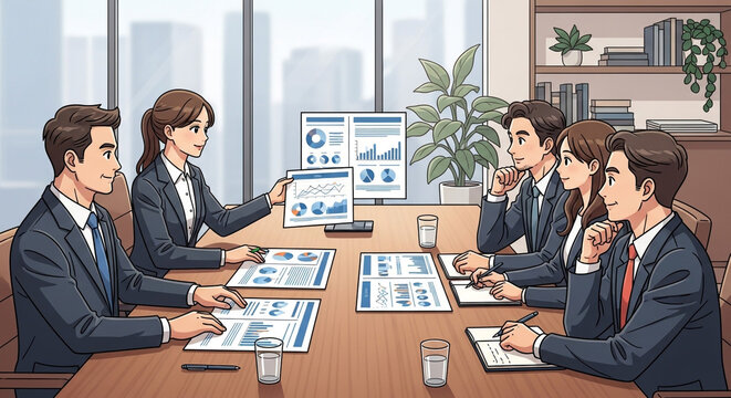 professional business team analyzing financial data in modern office meeting