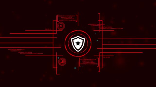 ai powered firewall monitor with star shield icon. technological safety shield with digital overlay. information security locking system animation. green matrix background with internet safety symbol.