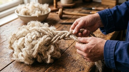 Artisan hands braiding raw sheep wool on a rustic wooden table in a workshop © Nusara Visual Studio