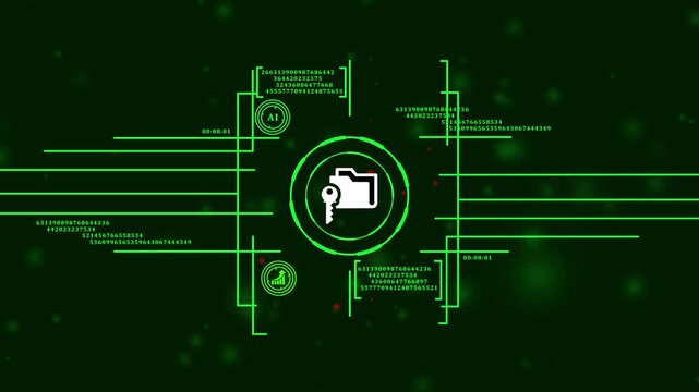 business information privacy and encryption technology. network data safety concept with key and folder icon. cybernetic access control with locked folder visualization.4k video