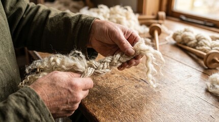 Close-up of an artisan's hands working with raw sheep wool on a wooden table in a traditional workshop with drop spindles. © Nusara Visual Studio