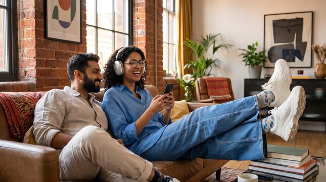A joyful diverse couple unwinds comfortably at home on a cozy living room couch, sharing a moment of leisure with music and digital entertainment, embracing a relaxed modern lifestyle