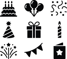 Fototapeta premium Party icon set with celebration symbols birthday cake balloons confetti hats gifts candles fireworks and bunting in bold vector style design