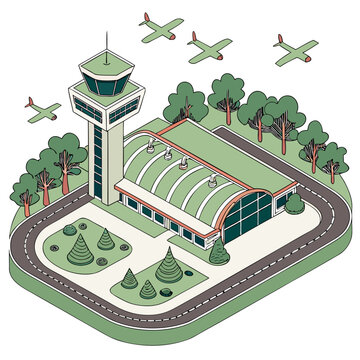 Airplane and airport terminal with control tower in a park setting, terminal bui