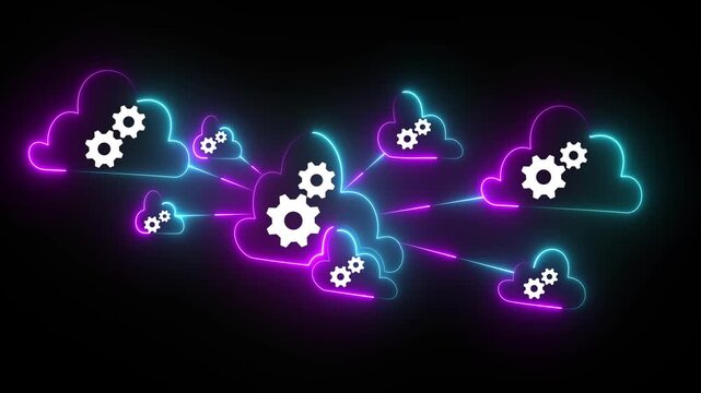 Glowing neon Multi cloud management and orchestration. Cloud interoperability and integration. Engineer using laptop computer to manage and optimize cloud computing systems. 4k video animation.