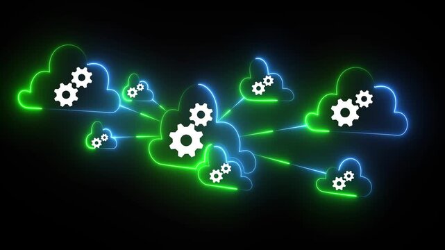 Glowing neon Multi cloud management and orchestration. Cloud interoperability and integration. Engineer using laptop computer to manage and optimize cloud computing systems. 4k video animation.