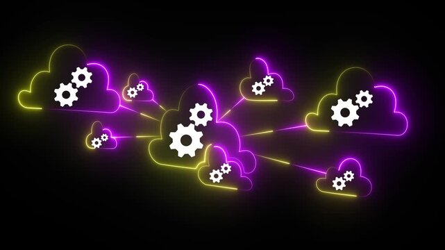 Glowing neon Multi cloud management and orchestration. Cloud interoperability and integration. Engineer using laptop computer to manage and optimize cloud computing systems. 4k video animation.