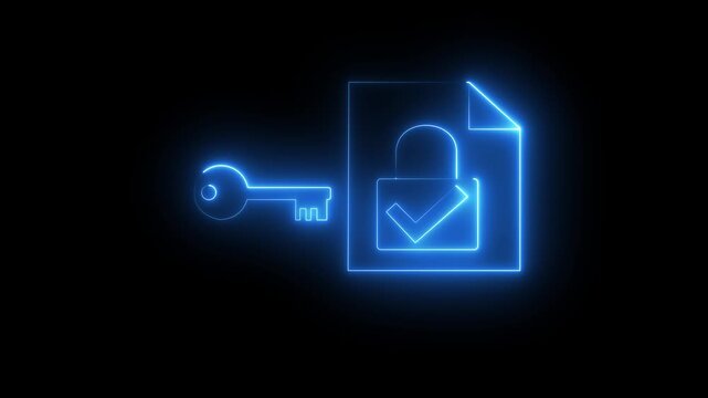 Glowing neon Data encryption algorithm. Protection of encrypted files with secure cryptographic keys. Man holding file with padlock icon.4k video Animation .