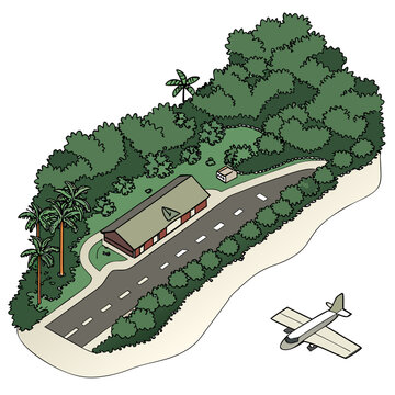 Tropical island with small airport building and airplane on tarmac, landing stri