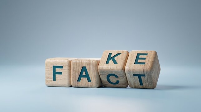 Wooden blocks with the words fake and fact on a blue background