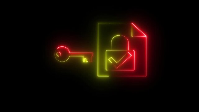 Glowing neon Data encryption algorithm. Protection of encrypted files with secure cryptographic keys. Man holding file with padlock icon.4k video Animation .