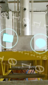 Vertical video: Cam tilting up, AR icons drifting, pulsing as column showing ports wires for audit