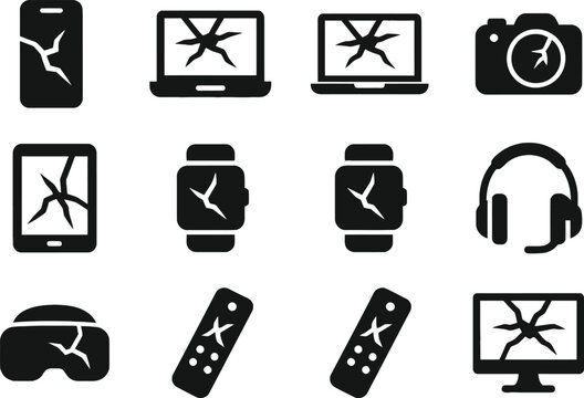broken technology devices set with cracked screens flat design vector illustration