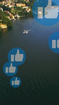 Vertical video: Drone start boat heading to docks, thumbs-up icons growing, showing approval
