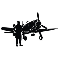 Pilot and airplane silhouette in vector illustration, representing aviation and flight. © MST