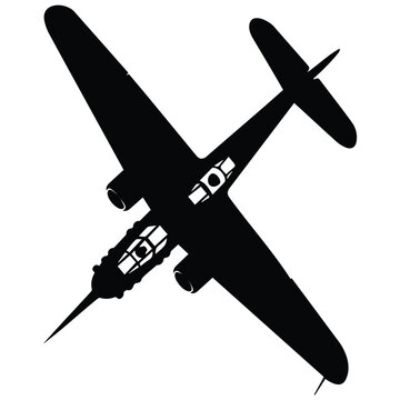 Twin engine military plane silhouette illustration overhead view vector for aviation art.