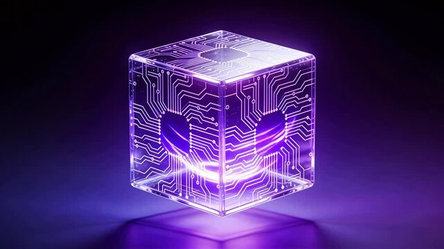 Transparent cube with glowing circuit board