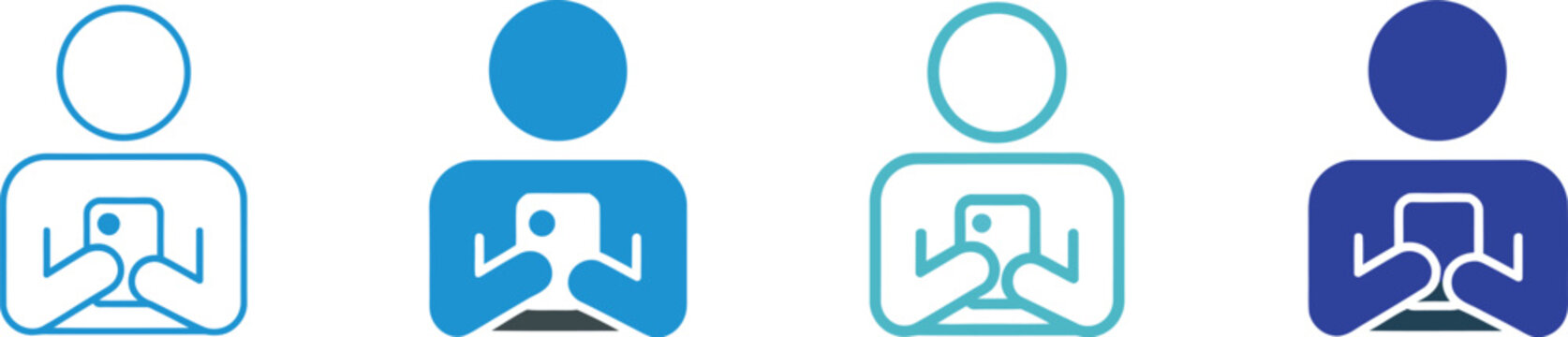Person holding smartphone icon set showing mobile app usage online communication and digital interaction outline and solid vector illustration for UI design