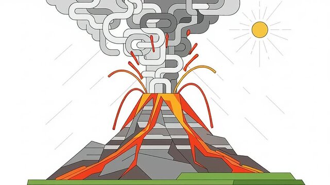 Erupting volcano with smoke and lava.