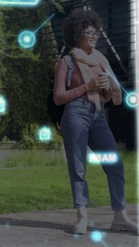 Vertical video: Woman taking card while holding cup walking after offer as AR HUD labeling card