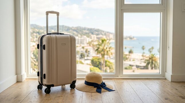 여행을 앞두고 창가에 놓인 여행용 캐리어와 모자 (Travel Suitcase and Straw Hat by a Sunny Window)