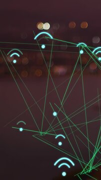 Vertical video: Cyan arcs nodes growing from corner hub, linking lines showing network over night