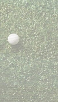 Vertical video: Thin stripe appearing, camera shifting down left to reframe white ball on grass