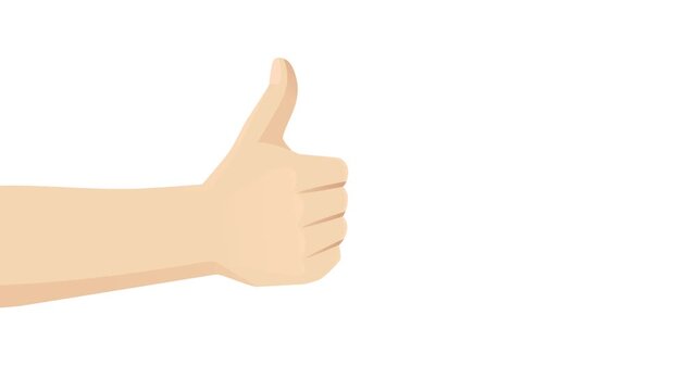 2D animation of one hand appears from the left with thumbs up on white background. Approval gesture.	