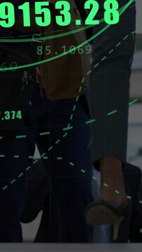Vertical video: Commuters walking in lobby, camera panning, finance chart floating over shoes, bag