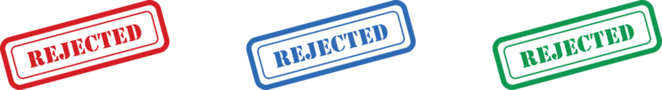 Collection of three rectangular stamps in red, blue, and green displaying the word REJECTED