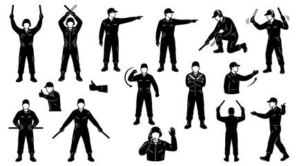 Fototapeta premium Airport Marshaller Hand Signals Vector Icons, Aviation Ground Crew Silhouettes, Black and White Glyph Style