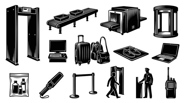 Airport Security Checkpoint Vector Icons Set. Travel Safety Equipment, Luggage, Metal Detector, X-Ray Scanner in Engraving Black  White Line Art.