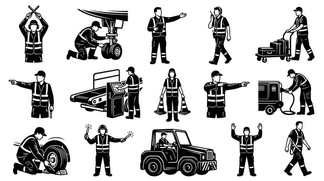 Airport Ground Staff Operations Black and White Glyph Vector Icons. Monochrome Set of Aviation Workers Performing Airport Services and Maintenance Tasks.