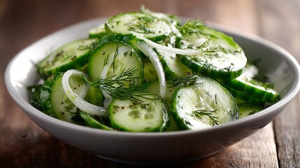 Obraz premium Cucumber dill salad captured in ultra-clean product style on wooden surface with soft even lighting and no distractions