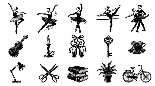 Vintage Engraving Style Ballet, Hobbies  Lifestyle Icons. Monochrome Line Art Illustrations of Dancers, Books, Instruments  Everyday Objects.