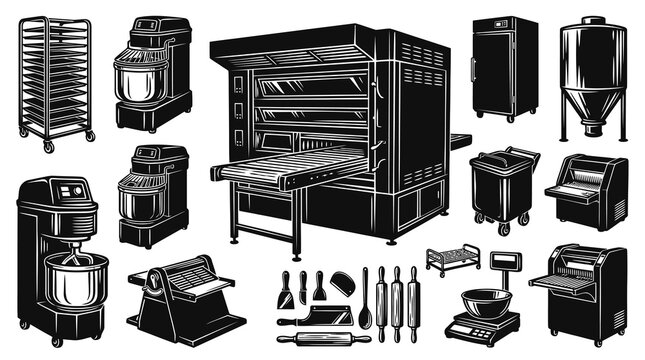 Professional Bakery Equipment Engraved Style Illustration Set. Vintage Black and White Baking Machines, Ovens, Mixers, and Tools for Food Production.