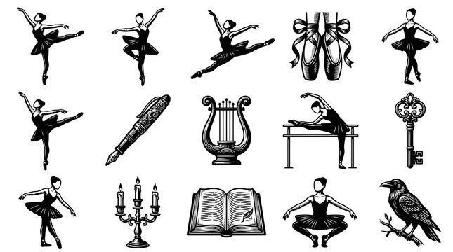 Black and White Line Art Icons of Ballet Dancers, Musical Instruments, and Literary Symbols