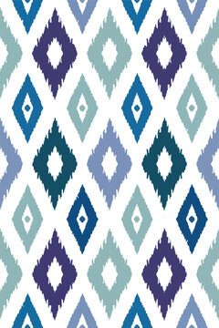 Seamless Geometric Diamond Pattern in Blue and Purple Ikat Style Design. Abstract Tribal Diamond Pattern Background with Boho Ethnic Style. Seamless Ikat Pattern with Geometric Diamonds in Cool Blue 
