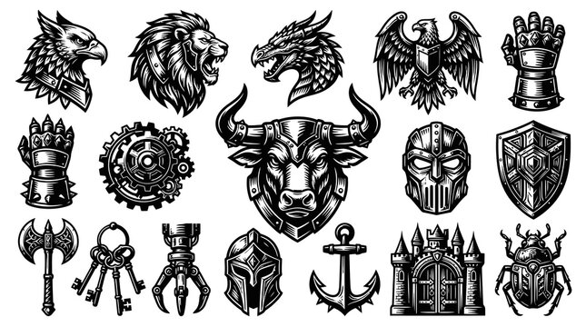 Fantasy Gaming Heraldry Symbols  Creatures Set - Vintage Black  White Engraving Line Art Illustration