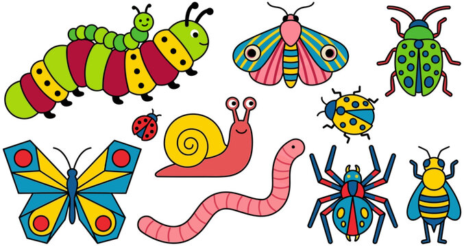 A colorful and whimsical collection of cartoon insects and bugs including a caterpillar butterfly snail ladybug spider bee moth and earthworm illustration cute animal nature