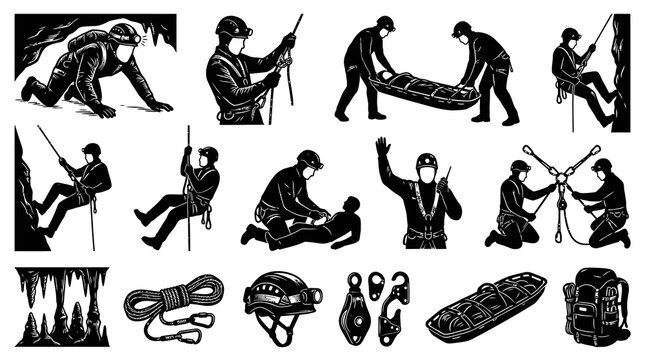 Cave Rescue Speleology Operations  Climbing Equipment - Black  White Vintage Engraving Vector Set
