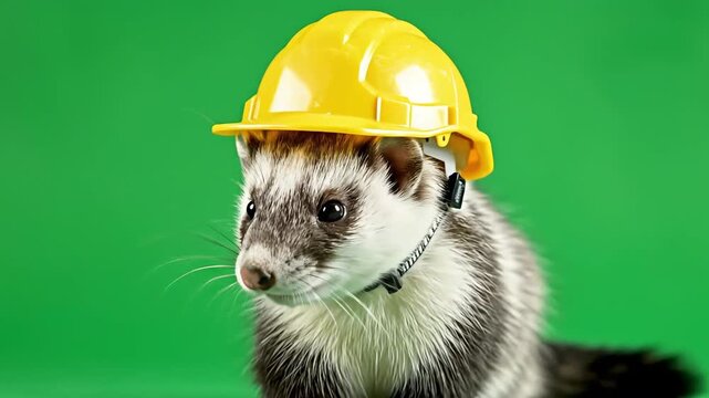 Cute stoat Wearing a Yellow Hard Hat on a Green Background.